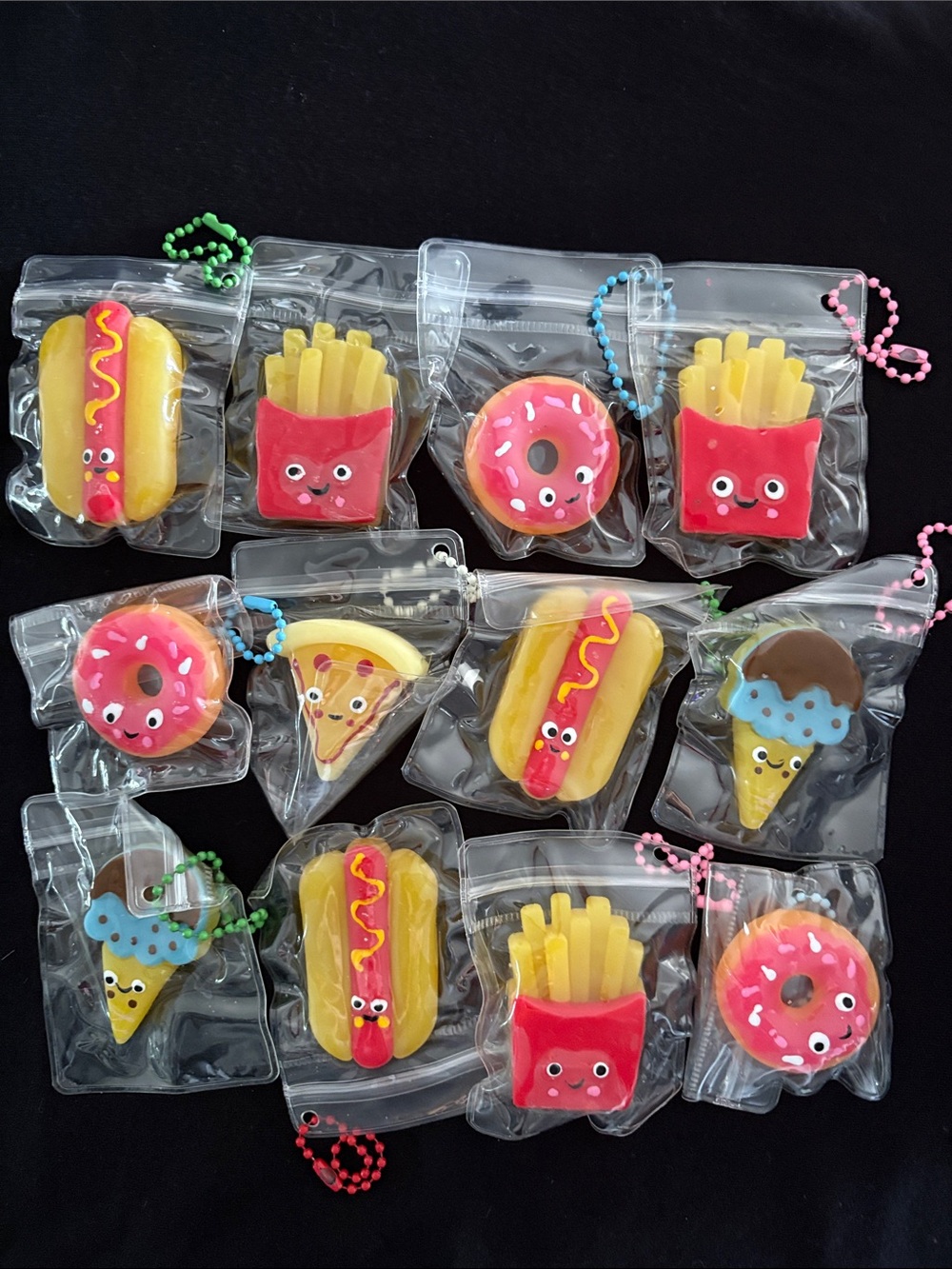 Cute Squishy Food Keychain Set - Pink, Yellow & Blue